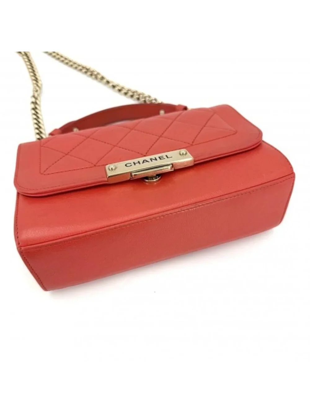 Chanel Shoulder Bag Click Label Quilted Chain Crossbody Leather Orange Gold - Picture 3 of 8